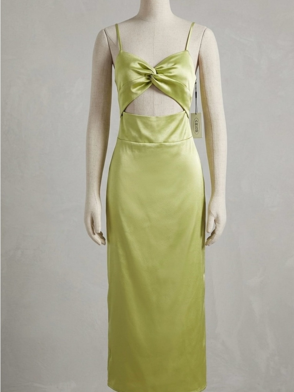Cider Satin Lime Green Twist Front Cutout Midi Dress NWT XXL